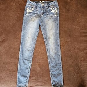 Mudd Girls White Flower Embroidered Light Blue Skinny Jeans Y2K Sz 16 Adjustable